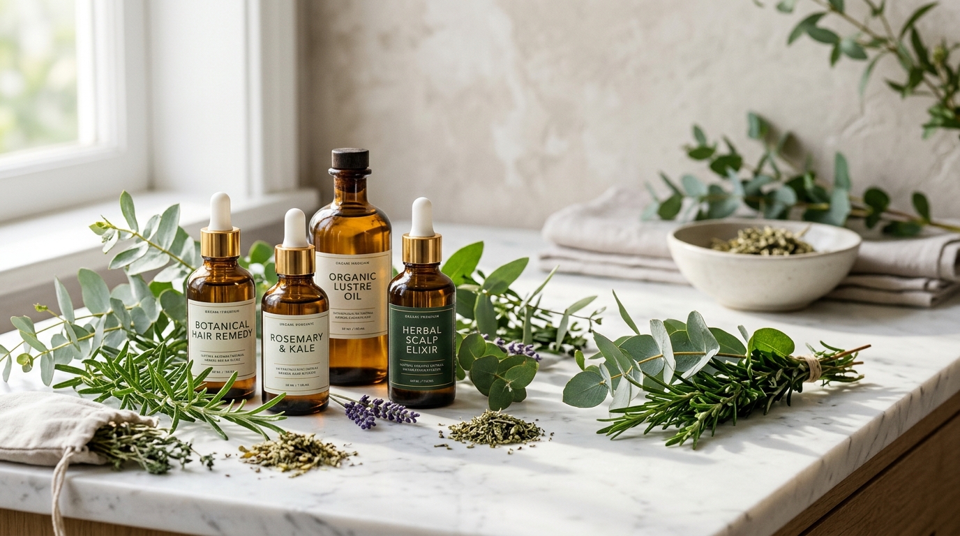 HDM luxury herbal hair remedies and organic botanical bottles